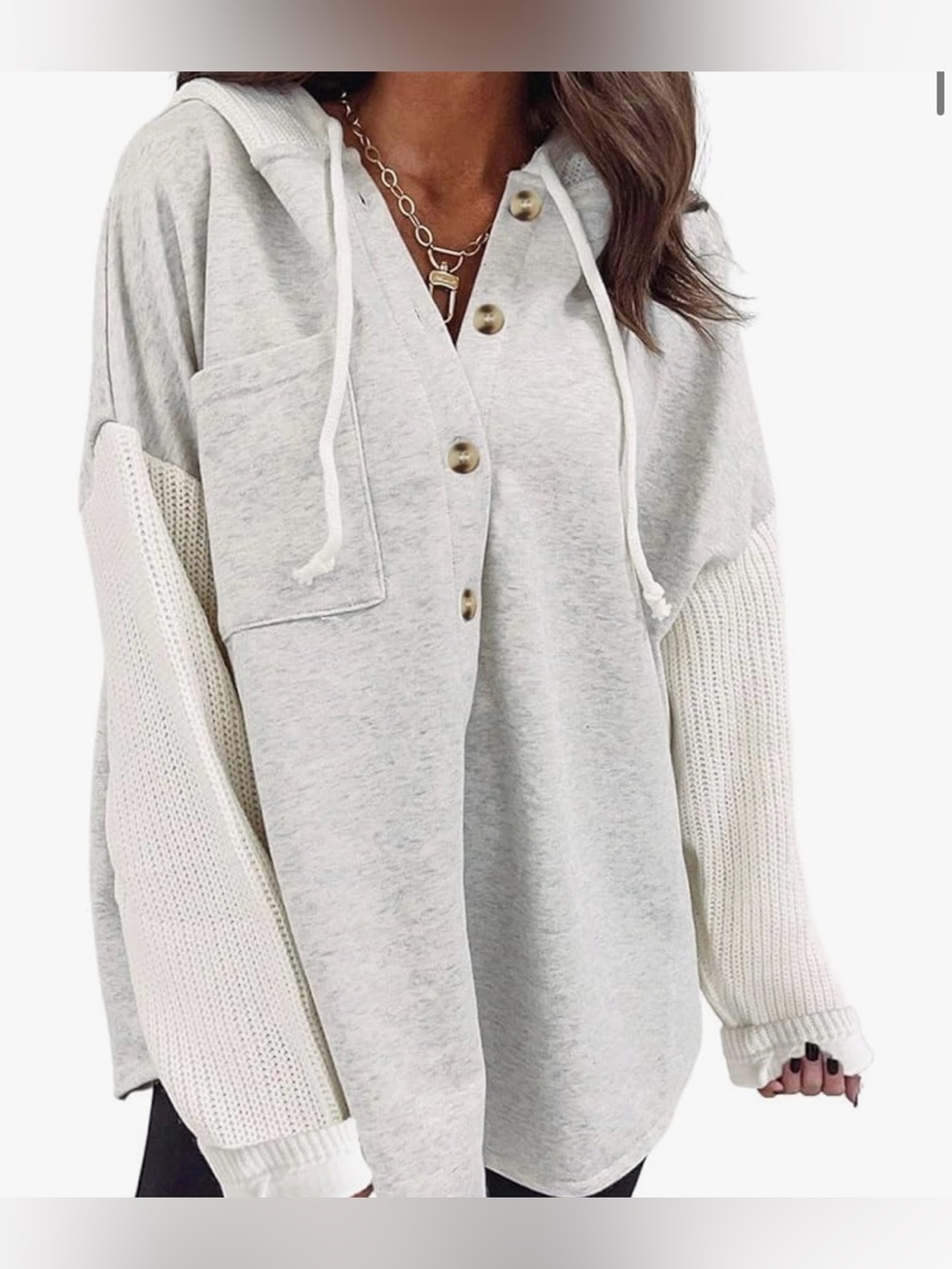 SHEWIN Oversized Hooded Sweatshirt Button Front Gray Waffle Sleeve Pocket XL